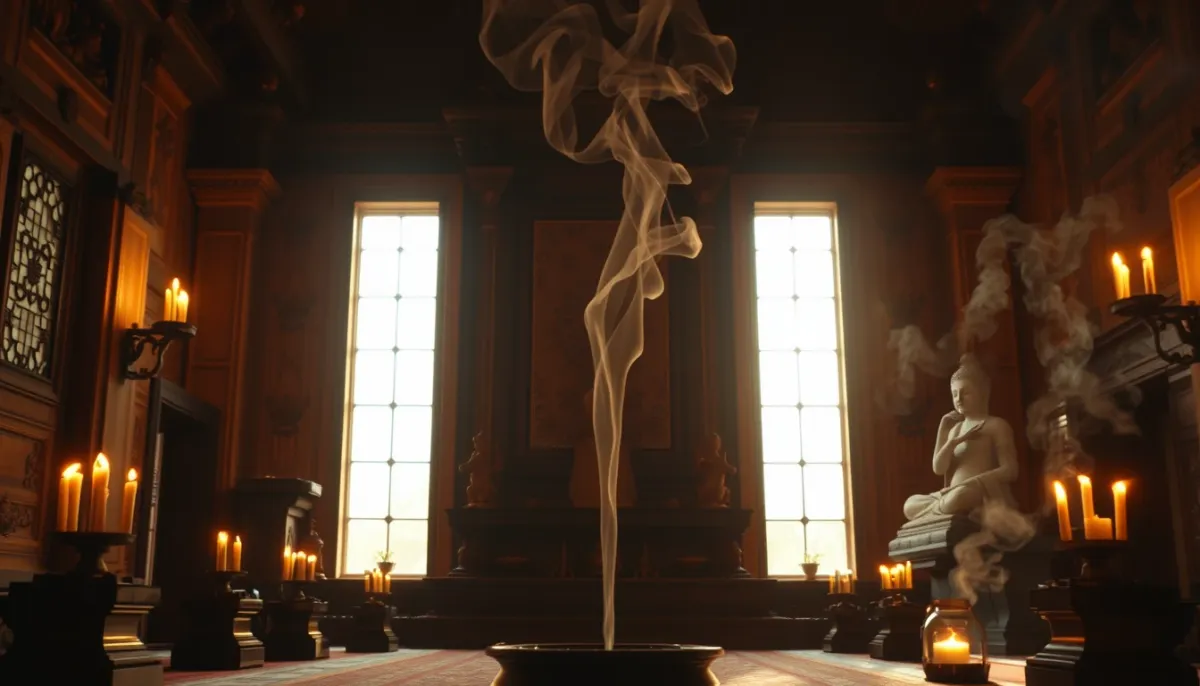 Espace spirituel ancien avec bougies et encens, évoquant les traditions et vies antérieures
