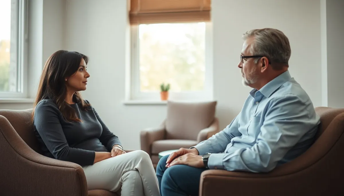 Séance de consultation entre un praticien et un client dans un cadre apaisant