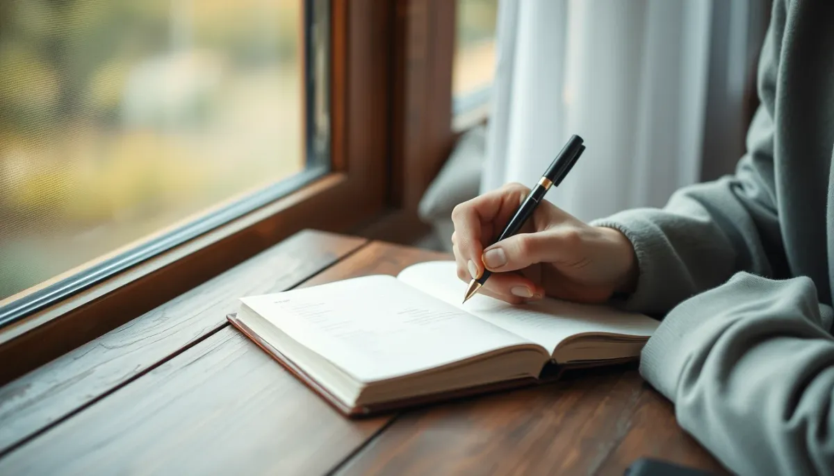 Personne en train d'écrire dans un carnet près d'une fenêtre, illustrant l'introspection et l'intégration des ressentis après une séance