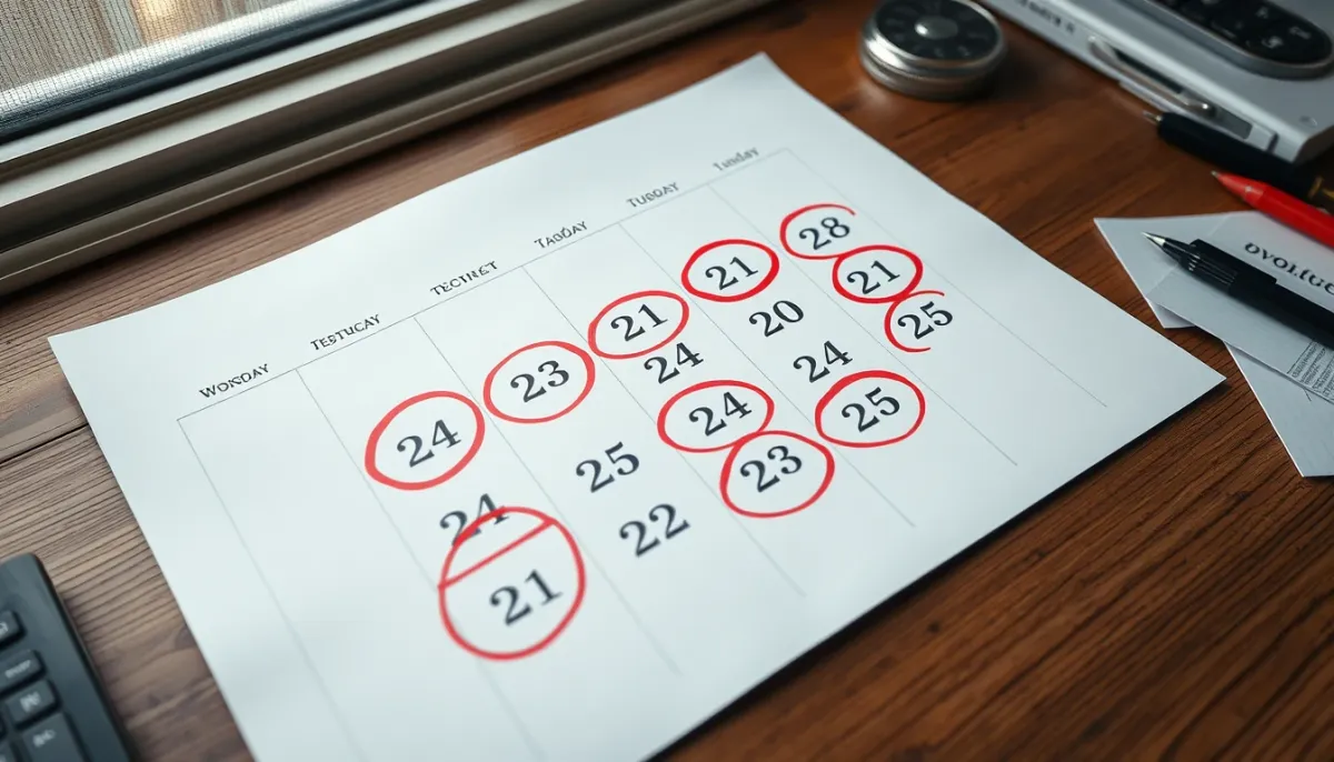 Calendrier avec plusieurs dates entourées en rouge sur un bureau en bois, illustrant les coïncidences statistiques