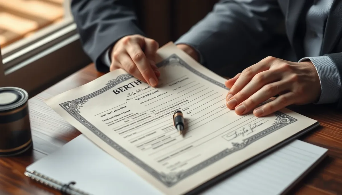 Mains tenant un acte de naissance ancien avec un stylo plume et un carnet sur une table, symbolisant l'analyse méthodique des dates