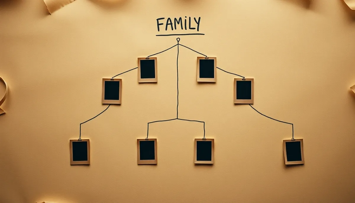 Arbre généalogique dessiné sur papier vieilli avec des lignes de connexion et des cadres de portraits, illustrant les avantages et limites de la lecture des répétitions