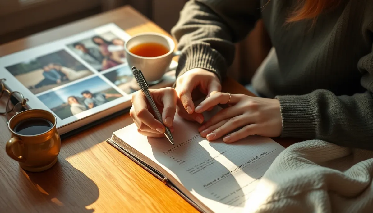 Mains écrivant dans un journal intime à côté d'une tasse de thé et d'un album photo de famille, évoquant une approche saine et réflexive