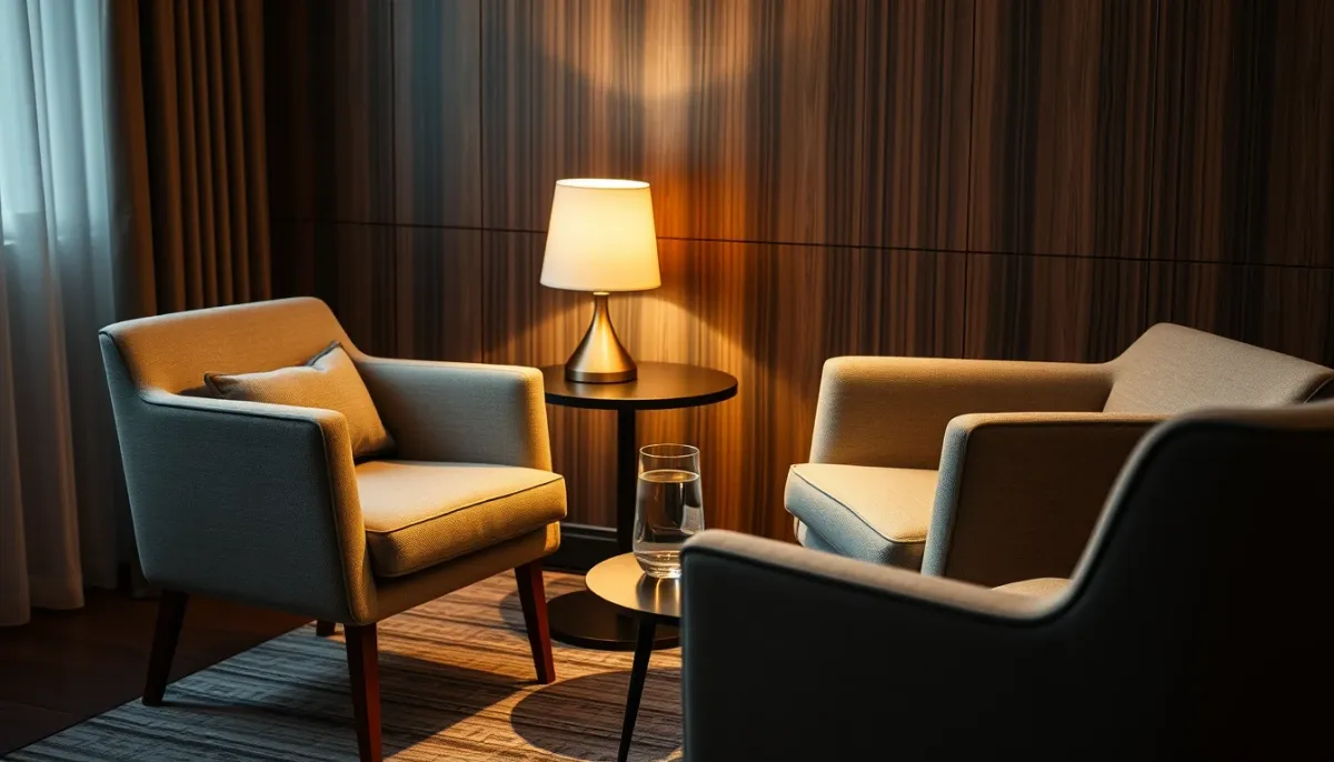 Espace de consultation avec deux chaises et une table basse pour une séance de médiumnité