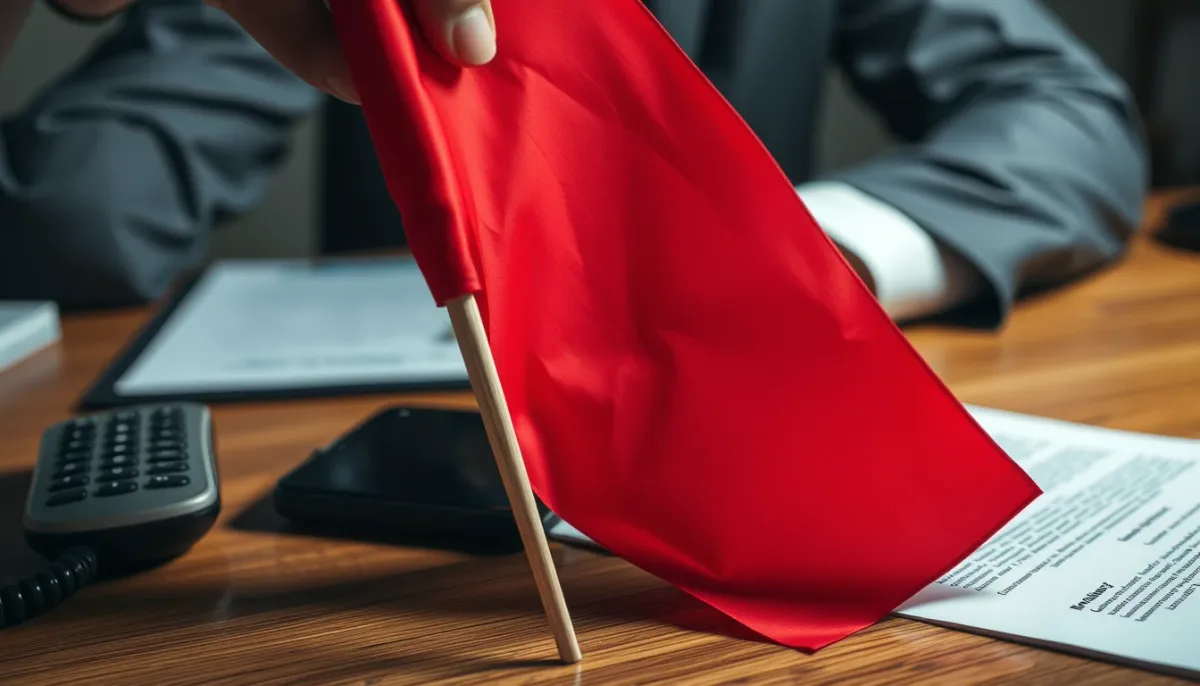 Concept d'avertissement avec un drapeau rouge sur un bureau