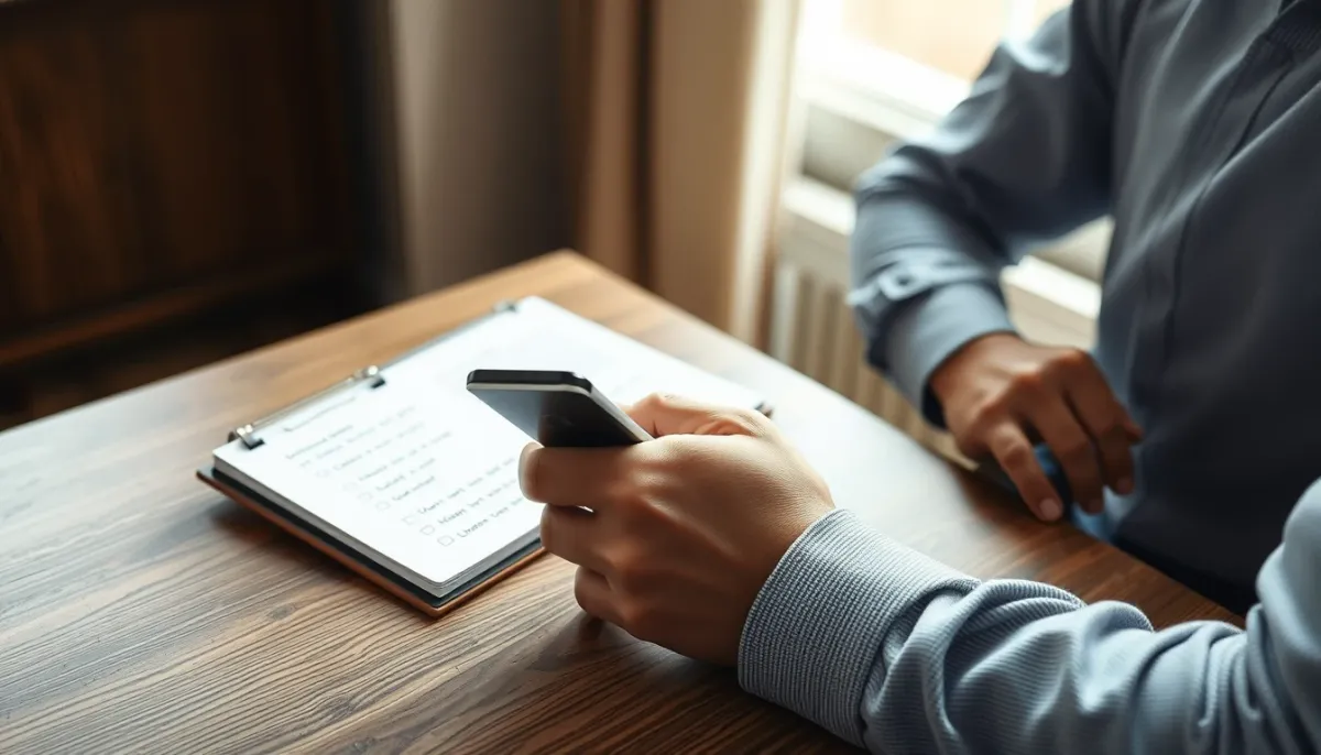 Personne prenant des notes avant de contacter un magnétiseur, avec téléphone et carnet