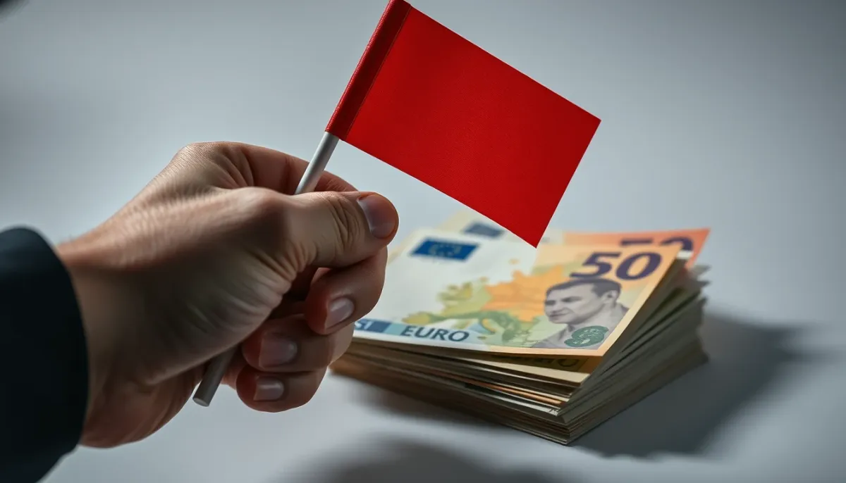 Main tenant un drapeau rouge près de billets en euros, symbolisant les signaux d'alerte sur les prix
