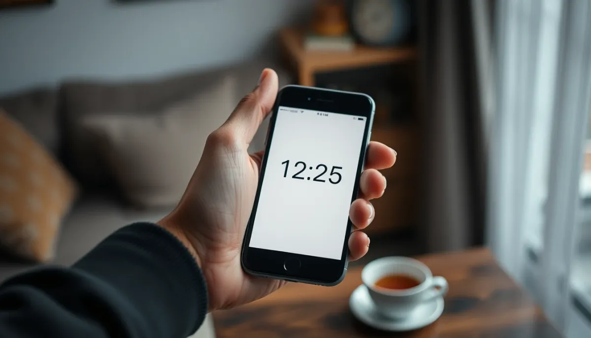 Main tenant un smartphone avec un minuteur, illustrant la gestion du temps lors d'une consultation à la minute