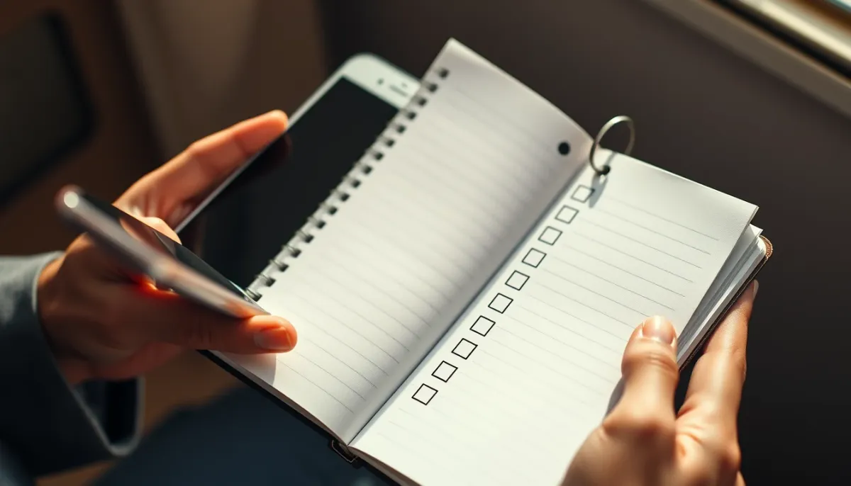 Mains tenant un smartphone et un carnet avec une liste de critères pour choisir entre voyance à la minute et forfait