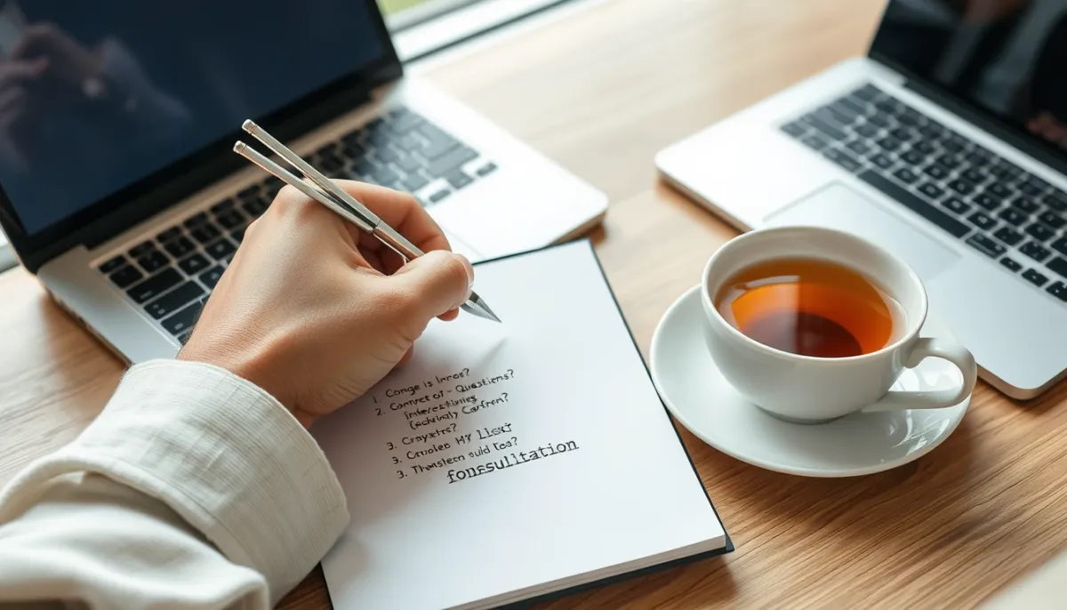 Personne écrivant des questions dans un carnet avant une consultation de voyance