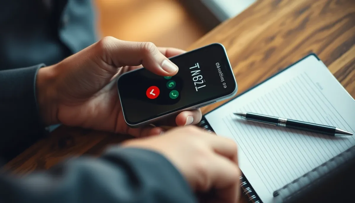 Mains tenant un smartphone avec un chronomètre d'appel, à côté d'un carnet de notes