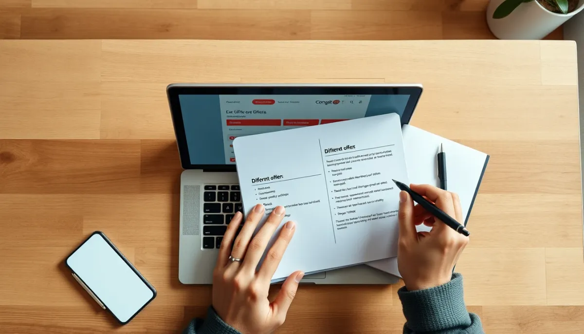 Personne comparant des offres de voyance sur un ordinateur portable avec un carnet de notes