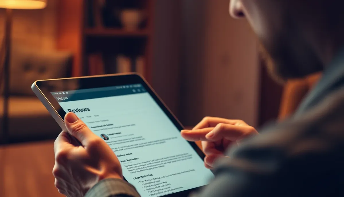 Personne consultant des avis et comparant les services de voyance par email sur une tablette