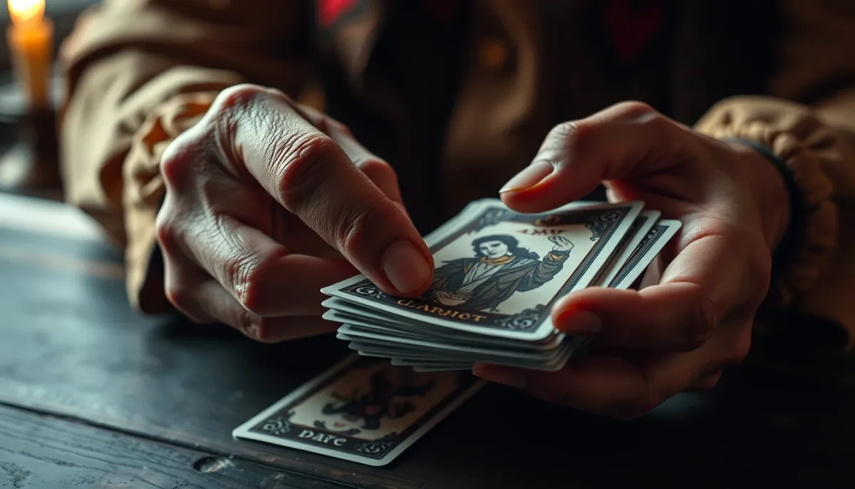 Mains d'une tarologue mélangeant un jeu de tarot, gros plan