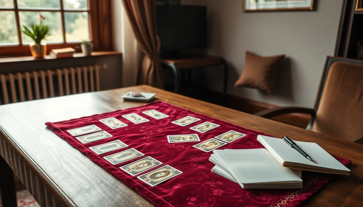 Espace de consultation avec un tirage de tarot sur une table, ambiance chaleureuse