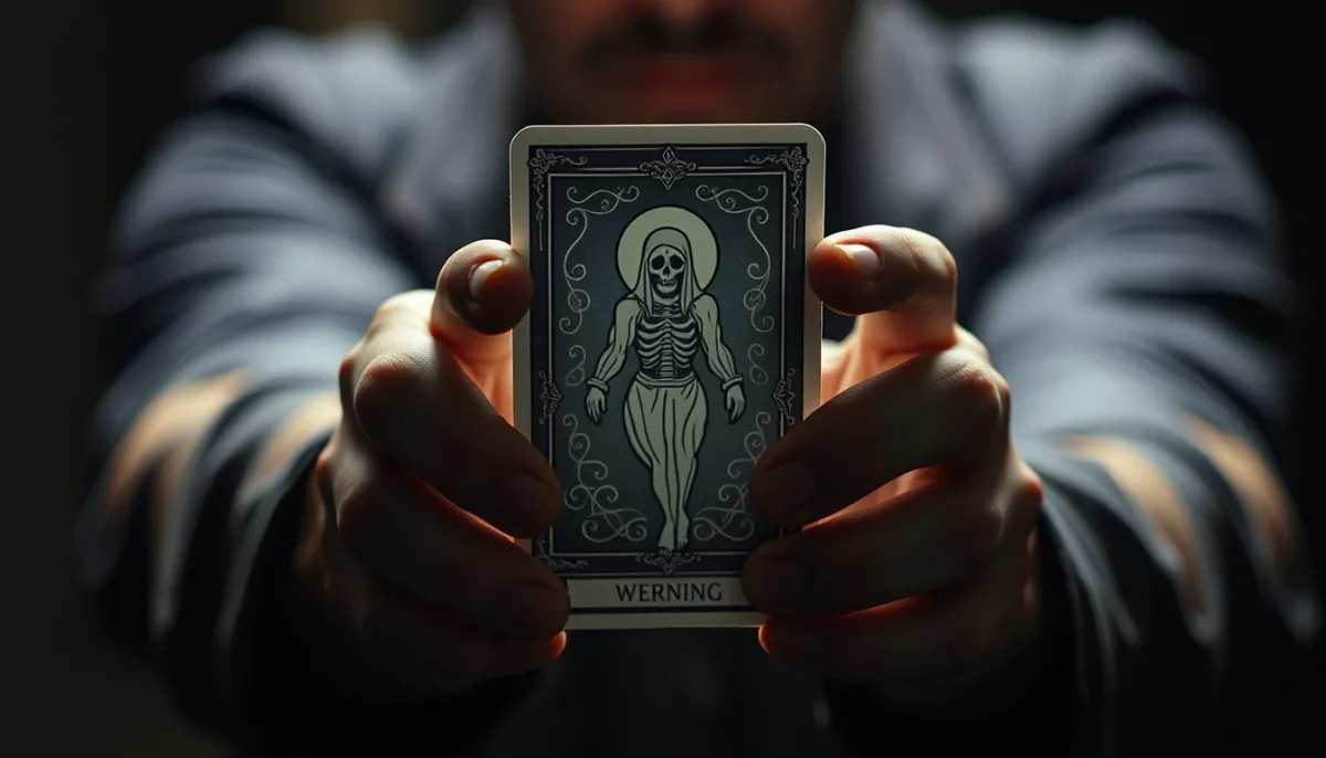 Mains tenant une carte de tarot représentant la Mort, symbole d'avertissement