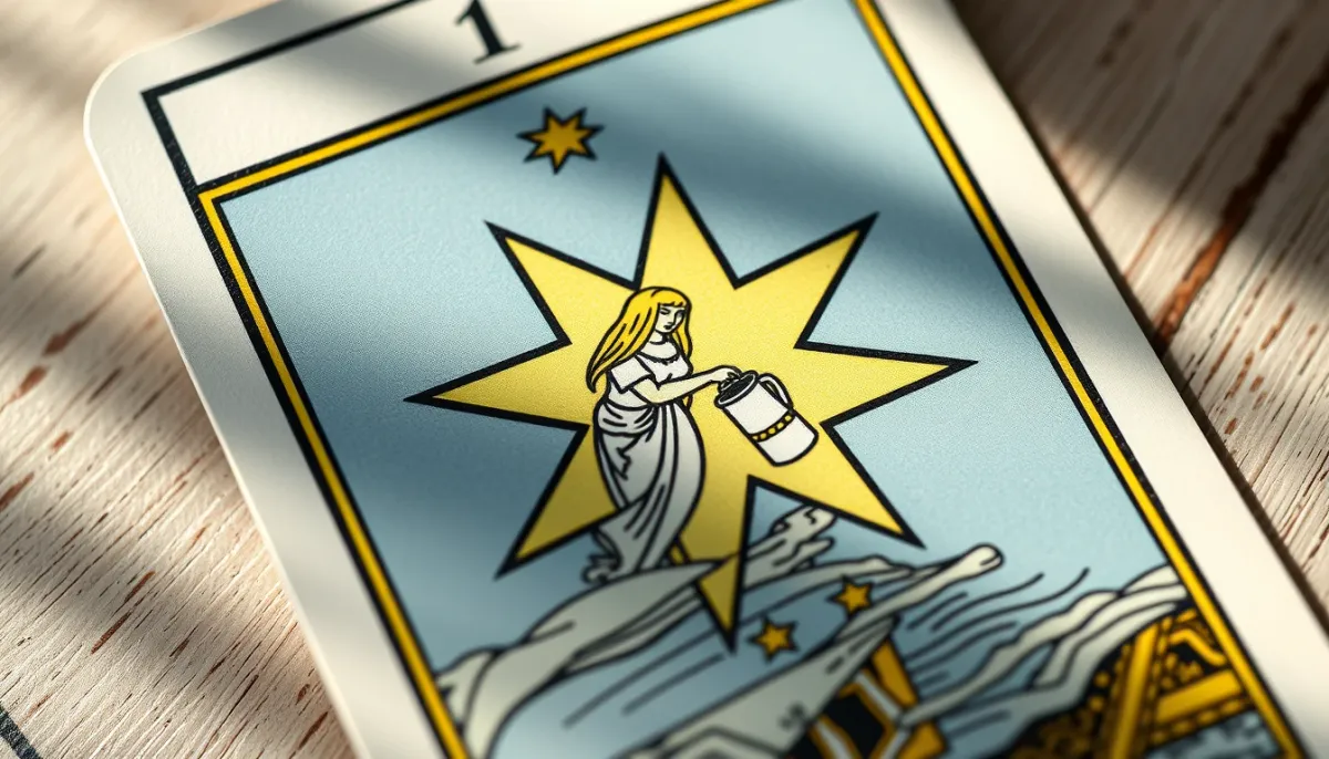 Gros plan sur la carte de L'Étoile du tarot de Marseille montrant la femme versant de l'eau et l'étoile à huit branches
