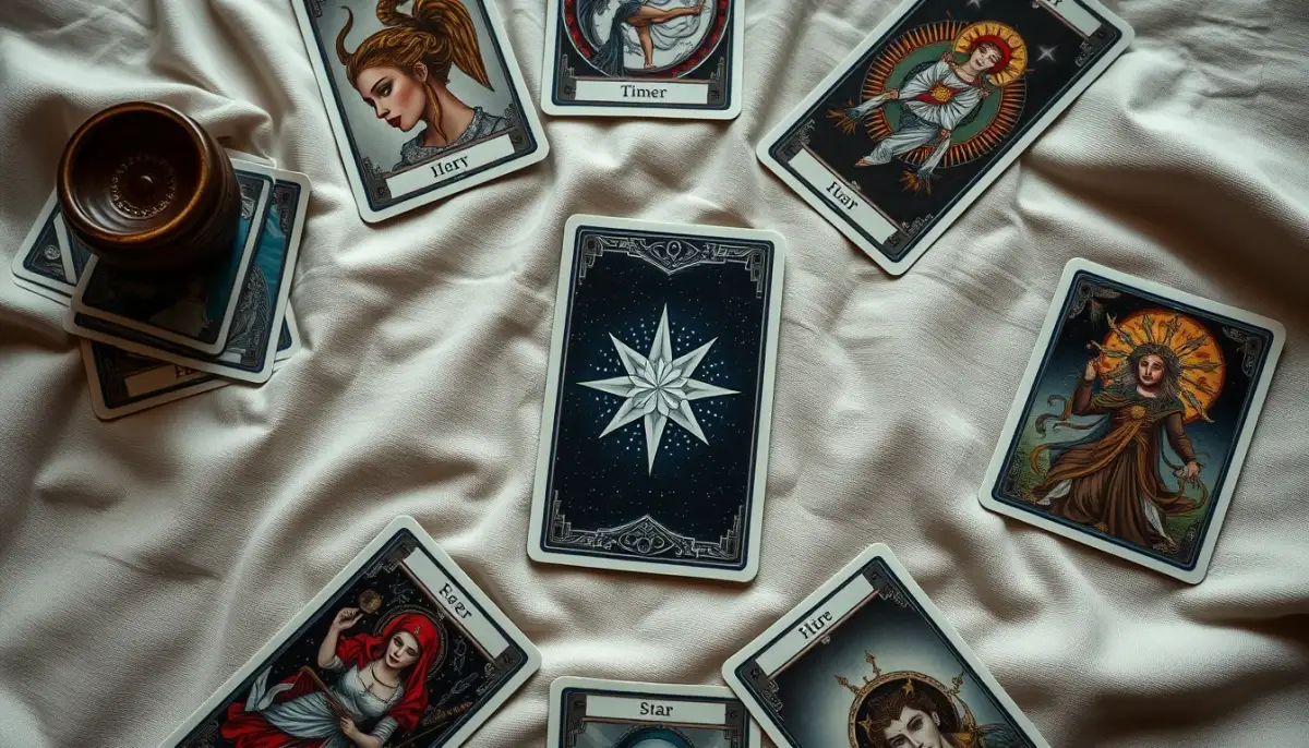 Tirage de tarot avec la carte de L'Étoile au centre, entourée d'autres cartes, vue de dessus