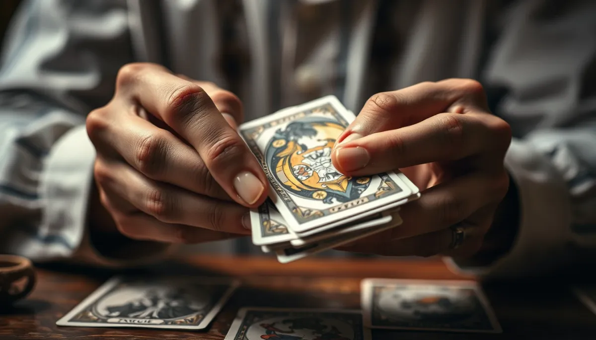 Mains mélangeant un jeu de tarot, geste intime et concentré