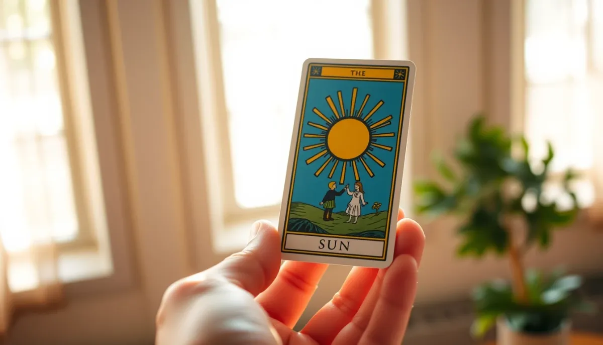 Carte du Soleil du tarot de Marseille tenue dans une main, symbolisant la clarté et l'épanouissement