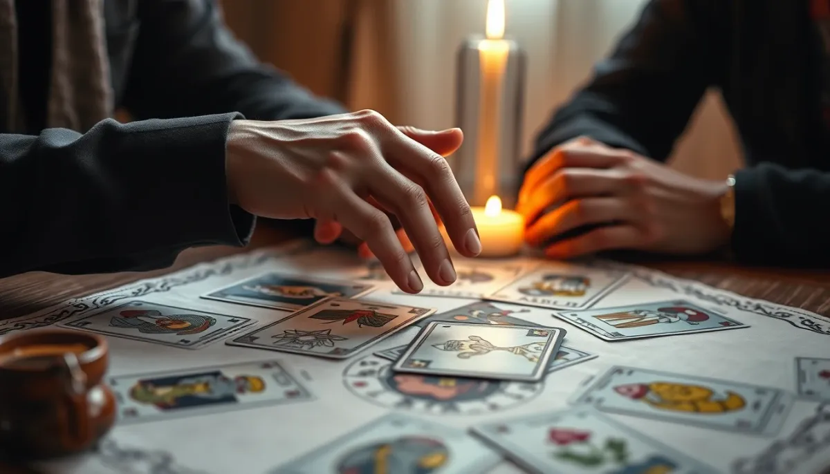 Mains d'un couple se touchant au-dessus d'un tirage de tarot, évoquant l'harmonie amoureuse
