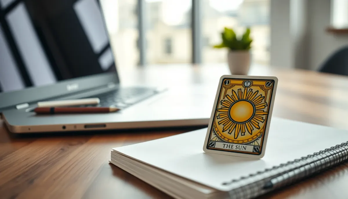 Carte du Soleil posée sur un bureau à côté d'un ordinateur portable, symbolisant la réussite professionnelle