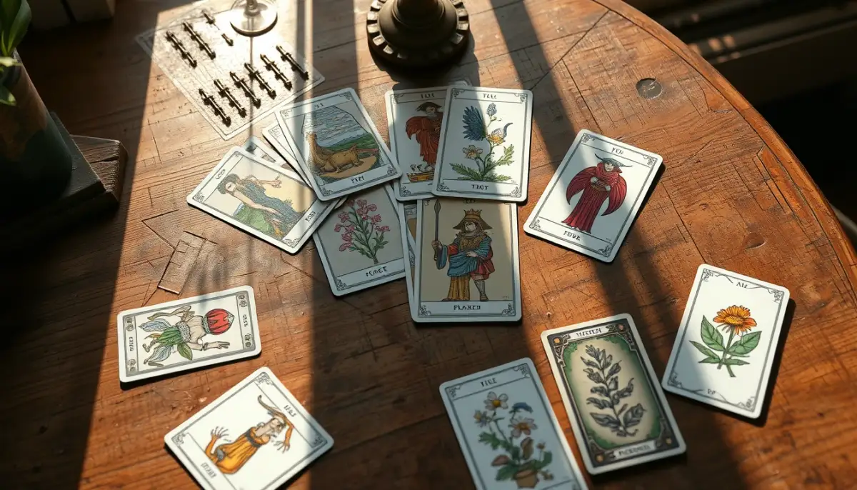 Gros plan sur un jeu de tarot étalé sur une table en bois, avec des cartes oracle à côté, éclairé par une lumière naturelle
