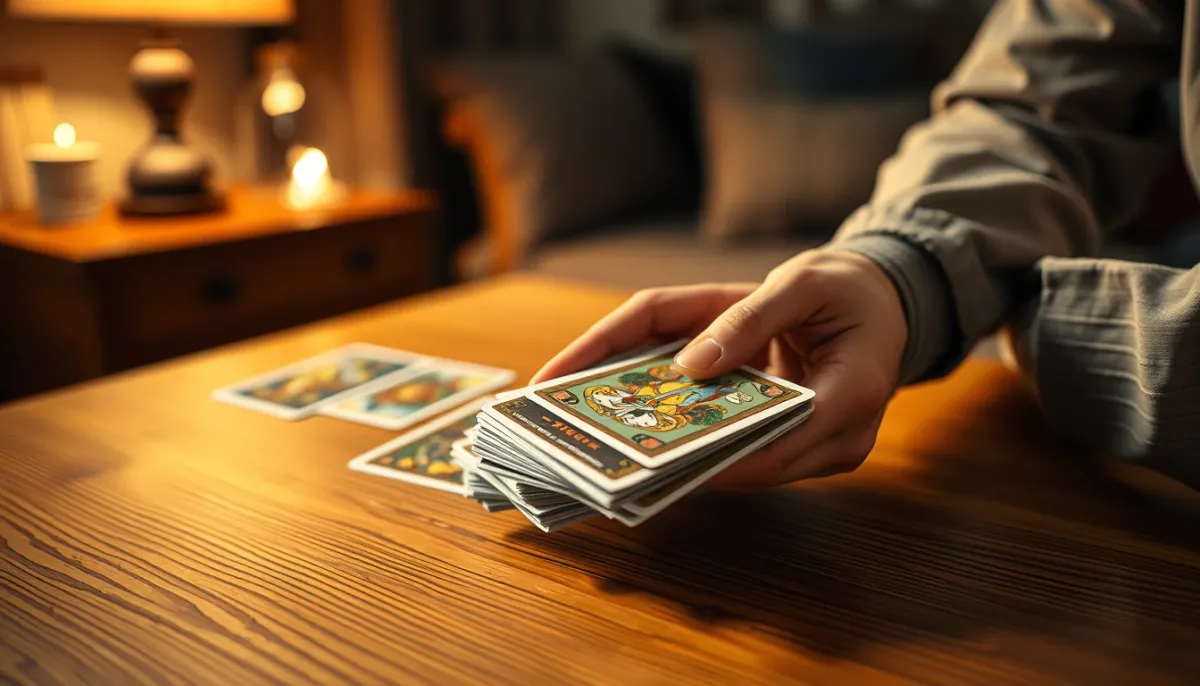 Mains d'une personne mélangeant un jeu de tarot au-dessus d'une table en bois, dans une ambiance chaleureuse