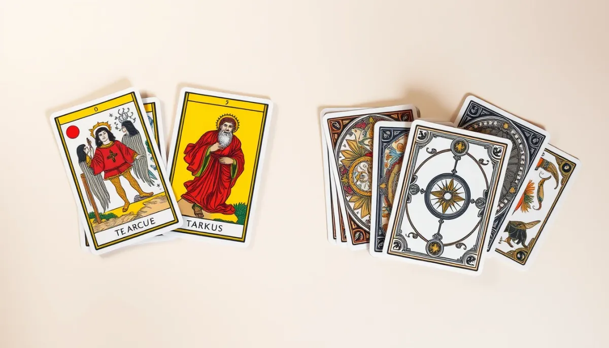 Comparaison côte à côte d'un jeu de tarot et d'un oracle sur fond neutre, vue de dessus