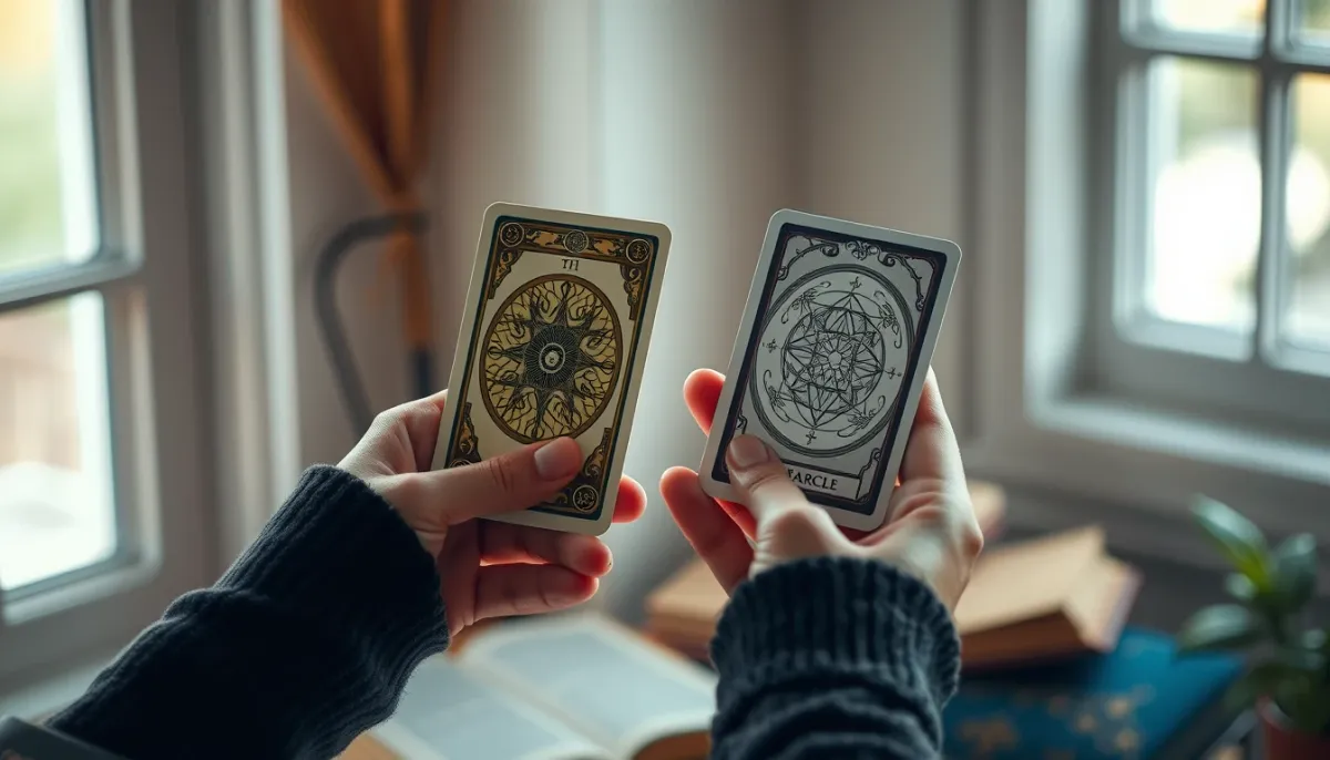 Mains tenant une carte de tarot et une carte oracle côte à côte, dans une lumière naturelle