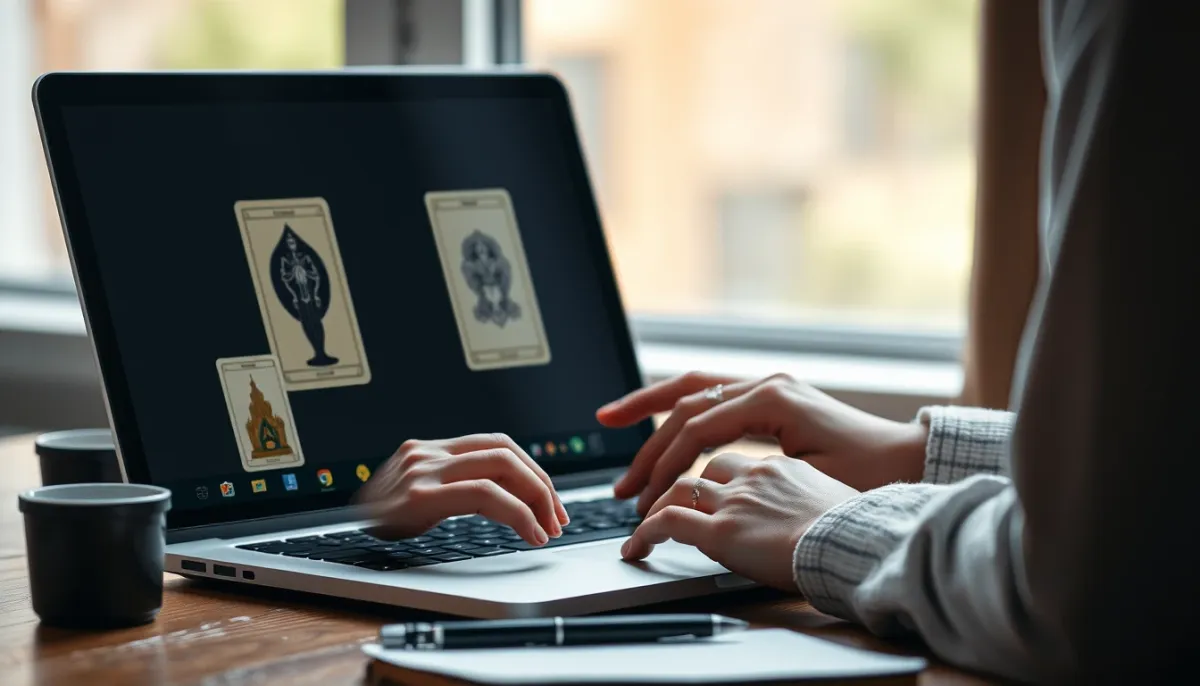 Personne effectuant un tirage de tarot en ligne sur son ordinateur portable