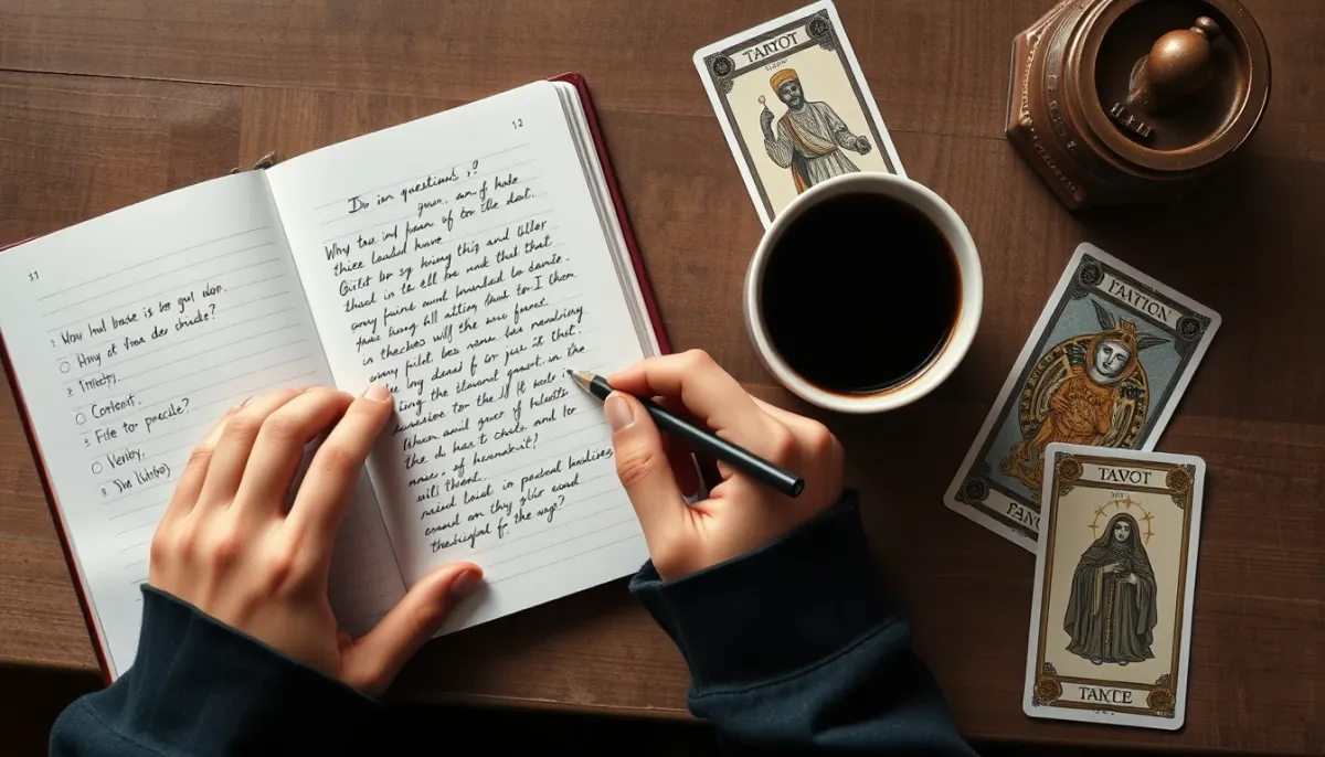Personne préparant des questions pour un tirage de tarot en ligne ou une consultation