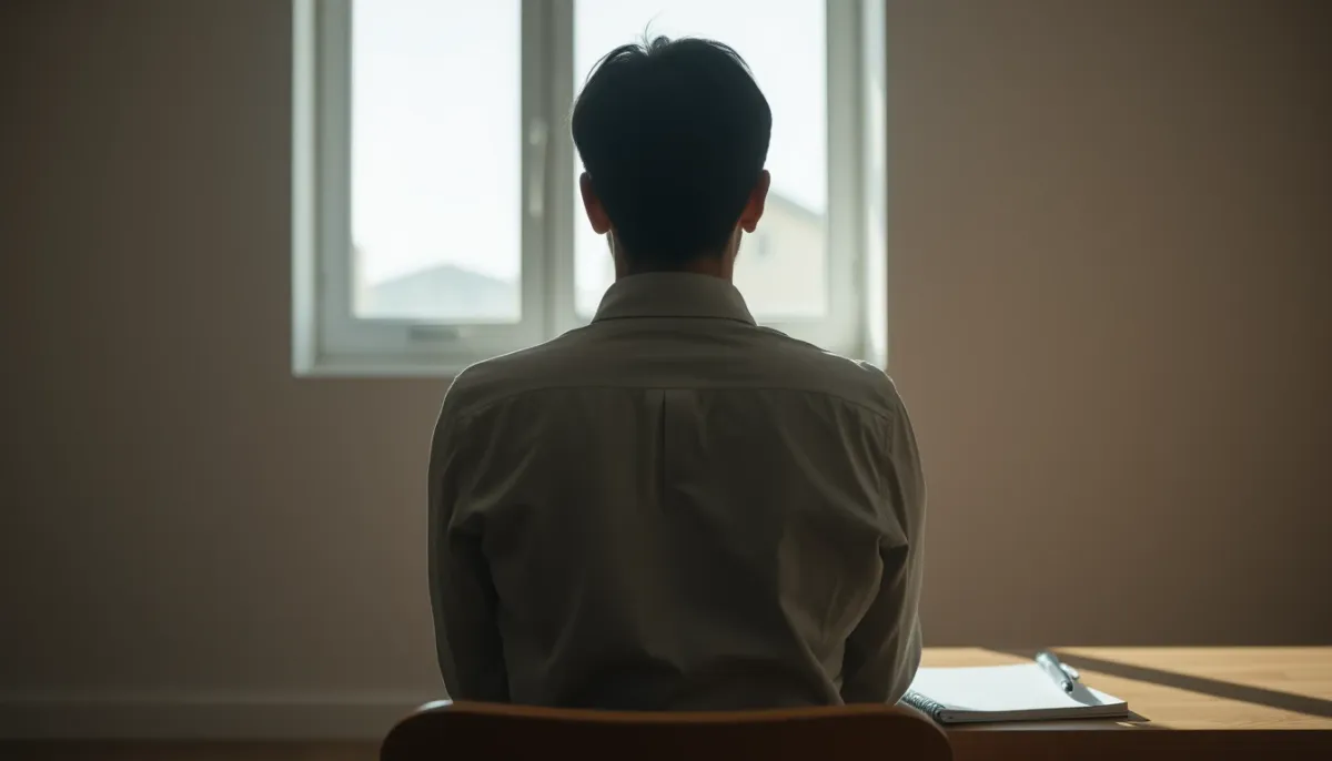 Personne seule assise dans une pièce calme, regardant par la fenêtre, en pleine introspection