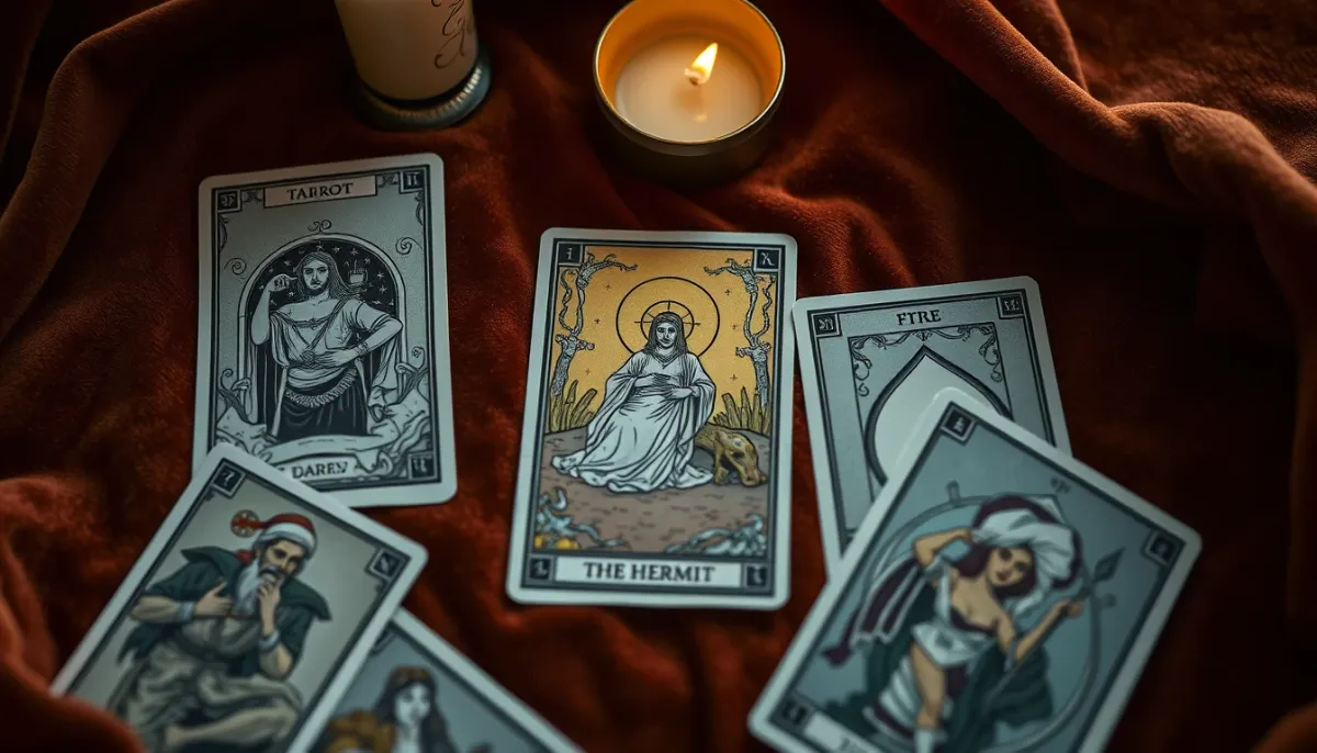 Tirage de tarot vu de dessus avec la carte L'Hermite au centre sur un tissu en velours
