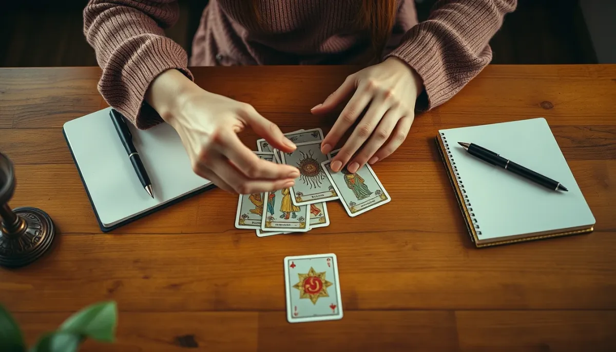 Séance de tarot vue de dessus avec cartes étalées sur une table en bois et lumière naturelle