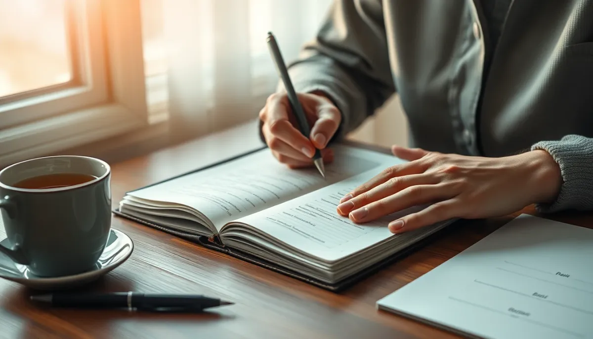 Personne écrivant des questions dans un carnet avant une consultation de voyance