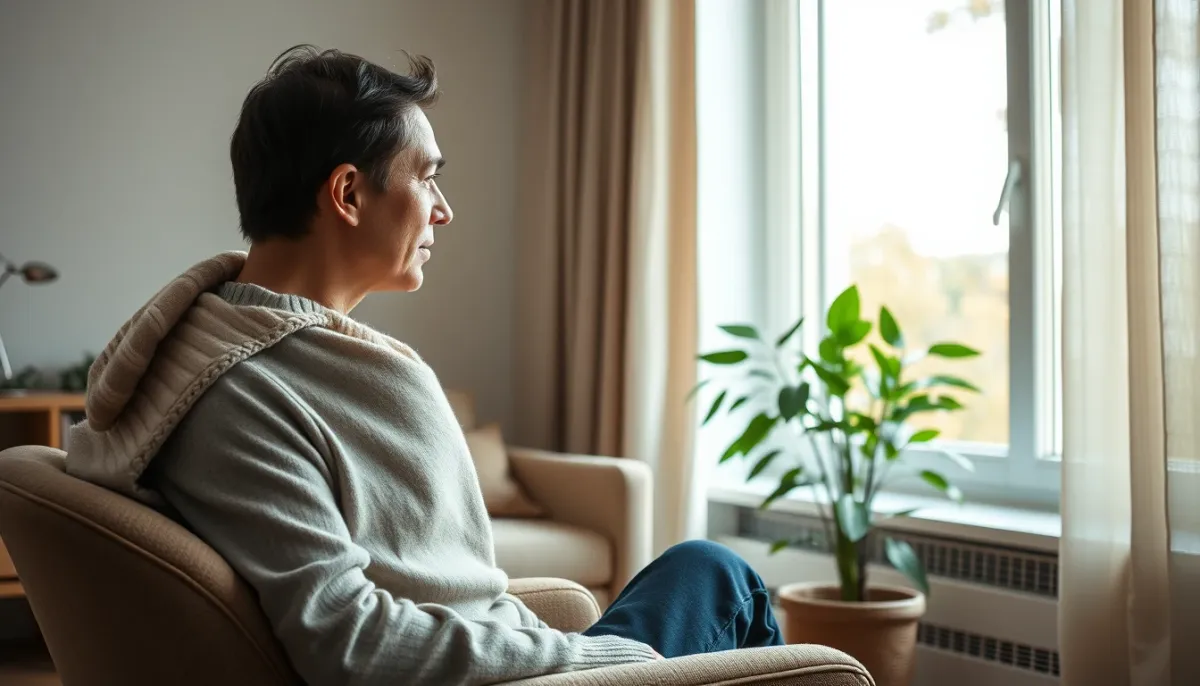 Personne assise dans un salon, regardant par la fenêtre, en pleine réflexion après une consultation