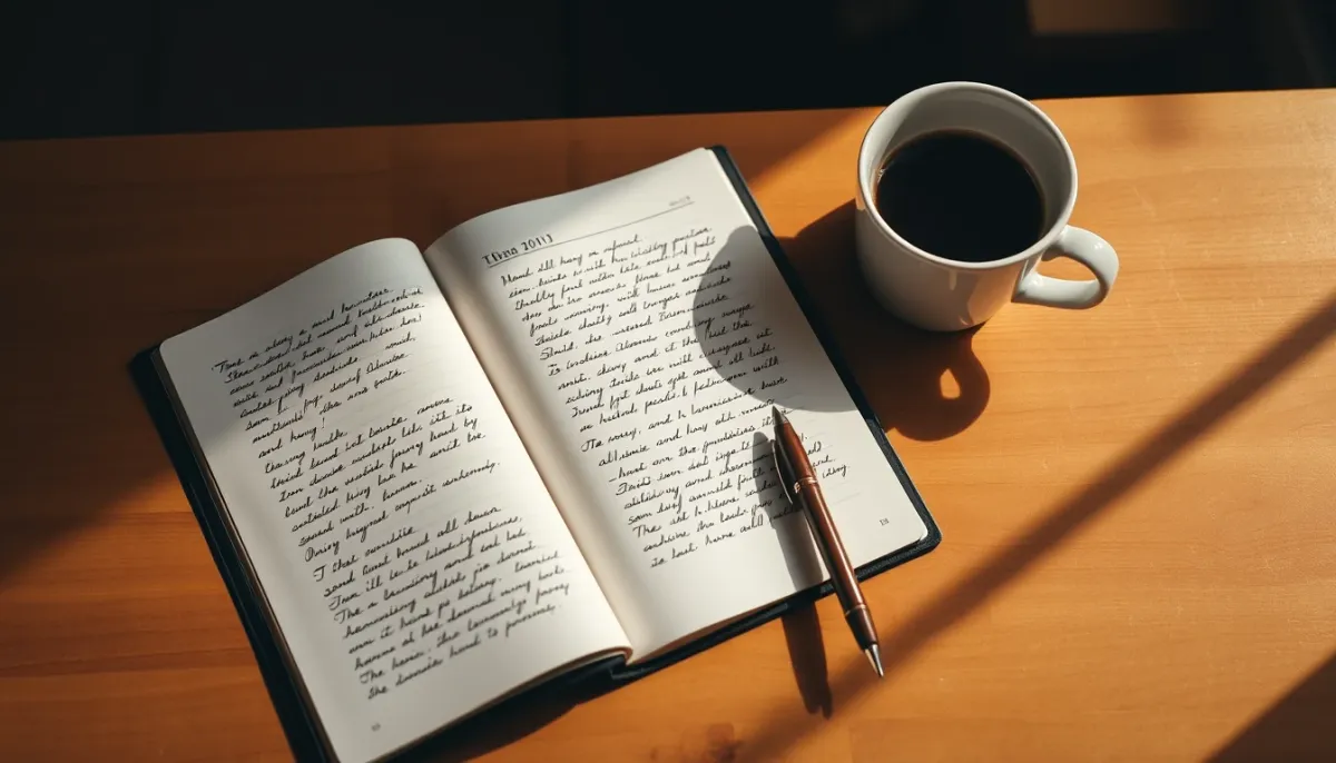 Journal ouvert avec notes manuscrites et stylo, symbolisant le bilan après une consultation de voyance