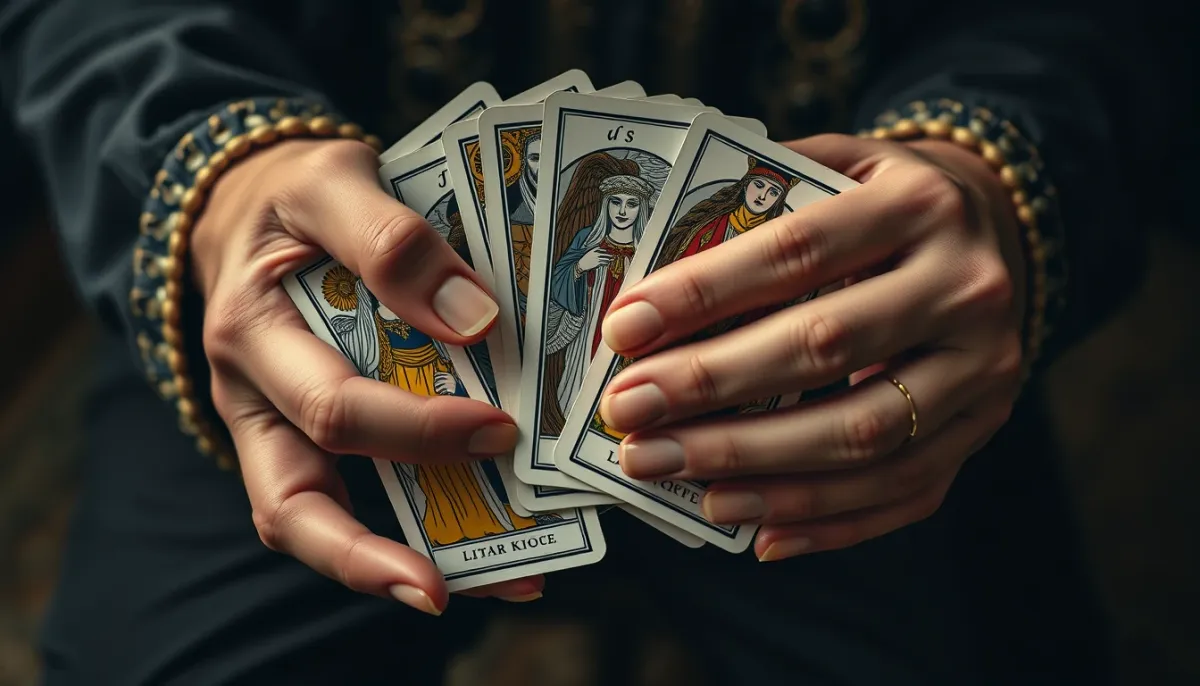 Mains tenant des cartes de tarot lors d'une consultation de voyance