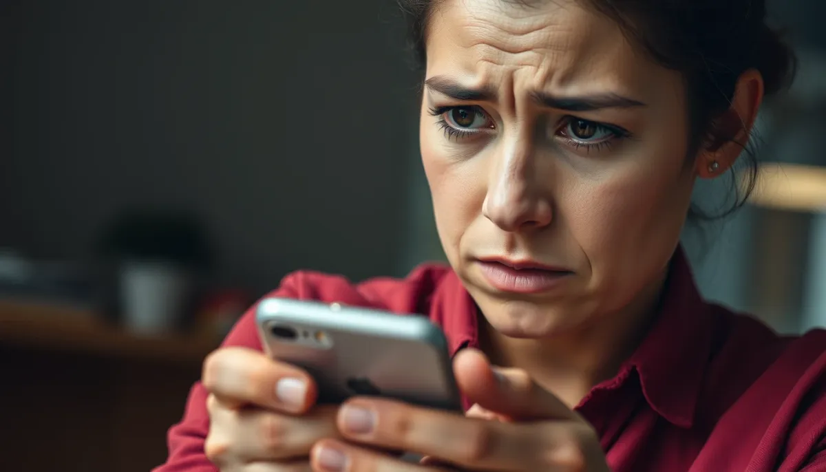 Personne consultant son téléphone avec une expression soucieuse