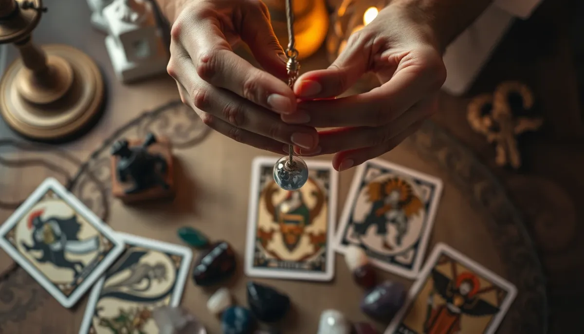 Gros plan sur des mains tenant un pendule au-dessus de cartes et cristaux, illustrant une séance de désenvoûtement