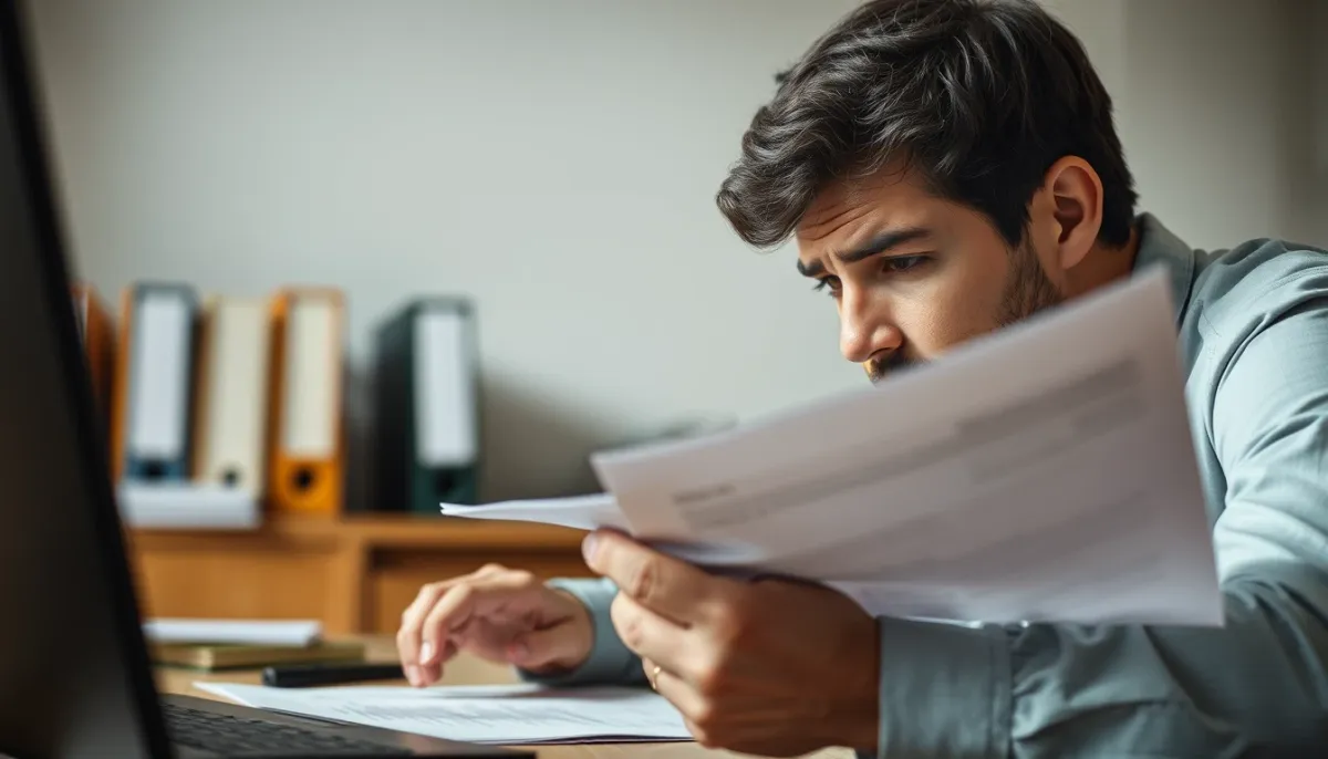 Personne inquiète lisant une facture ou un courrier, symbolisant les signaux d'alerte d'un désenvoûtement payant