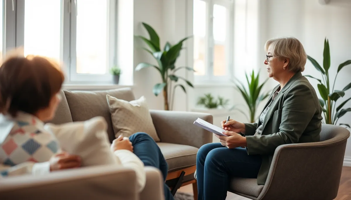 Personne en consultation avec un professionnel de santé dans un bureau lumineux, alternative au désenvoûtement