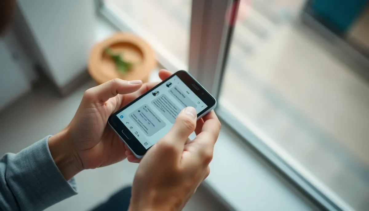 Mains tenant un smartphone avec une conversation de voyance en ligne, illustrant les consultations répétées