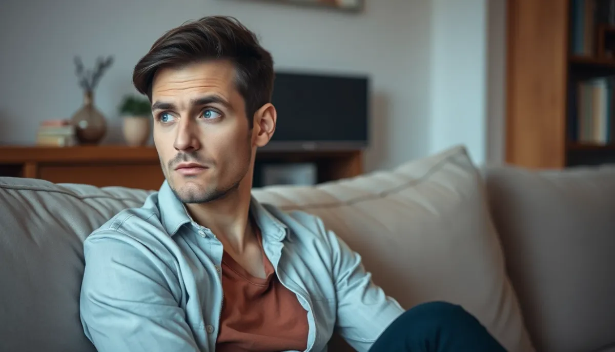 Personne pensive assise sur un canapé, illustrant le besoin de réassurance et l'anxiété