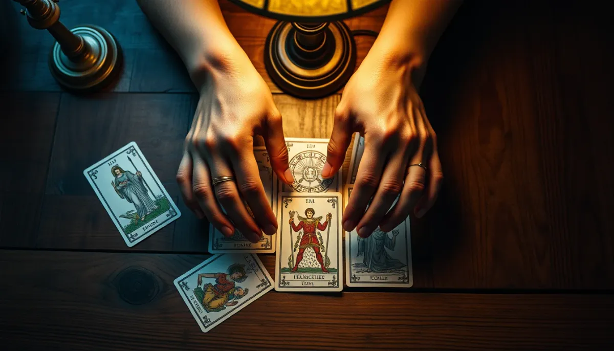 Mains d'une médium au-dessus de cartes sur une table en bois