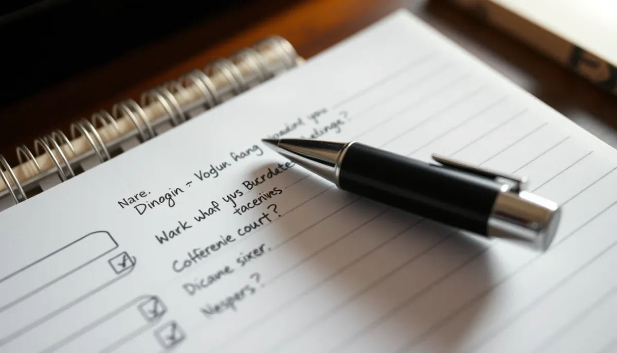 Carnet avec des questions manuscrites et un stylo