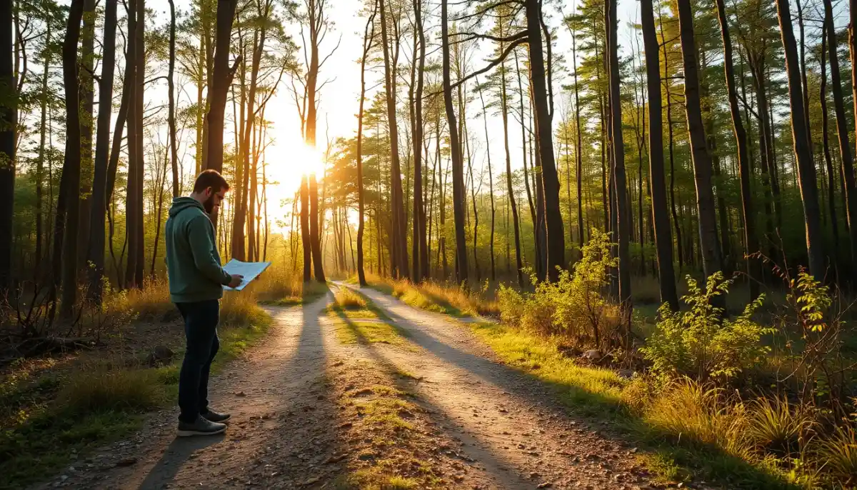 Personne à un carrefour en forêt consultant une carte